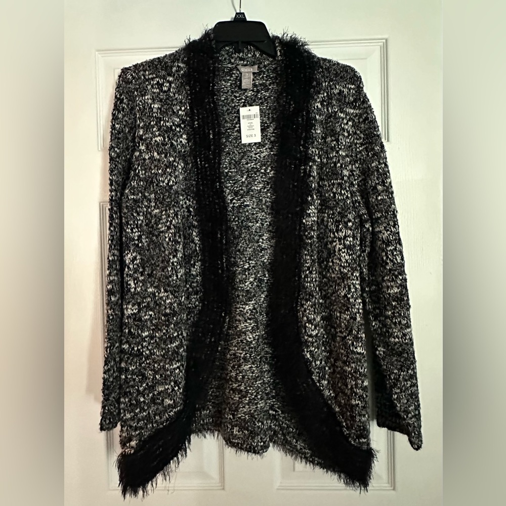 NWT Chico’s Black White Chunky Knit Open Front Fringed Cardigan. -‎ Chicos 3